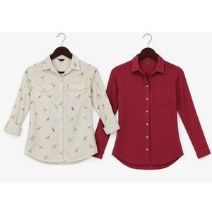 Eddie Bauer Womens XS 2Pc Button Shirt Cotton Red Dotted / Bird Print Casual Lot